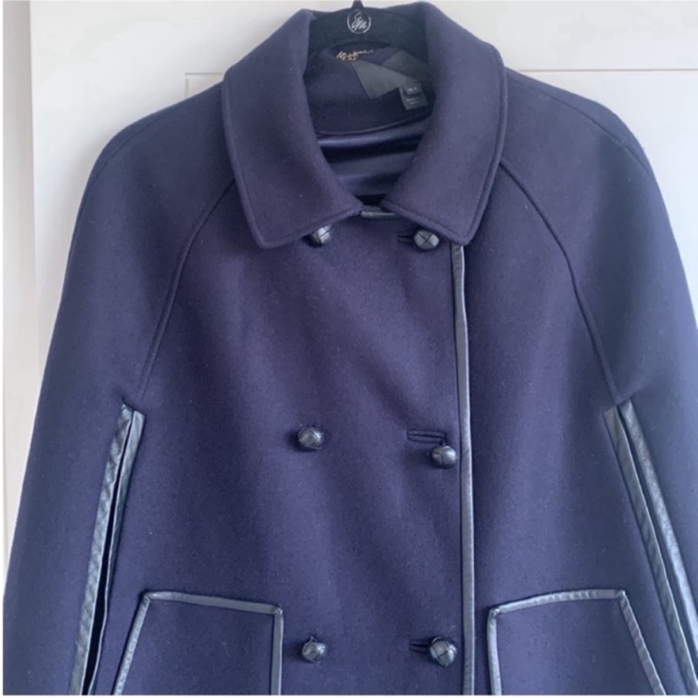 J. Crew Collection Navy Blue Wool Double Breasted Leather Trim Cape XS/S - Picture 5 of 12
